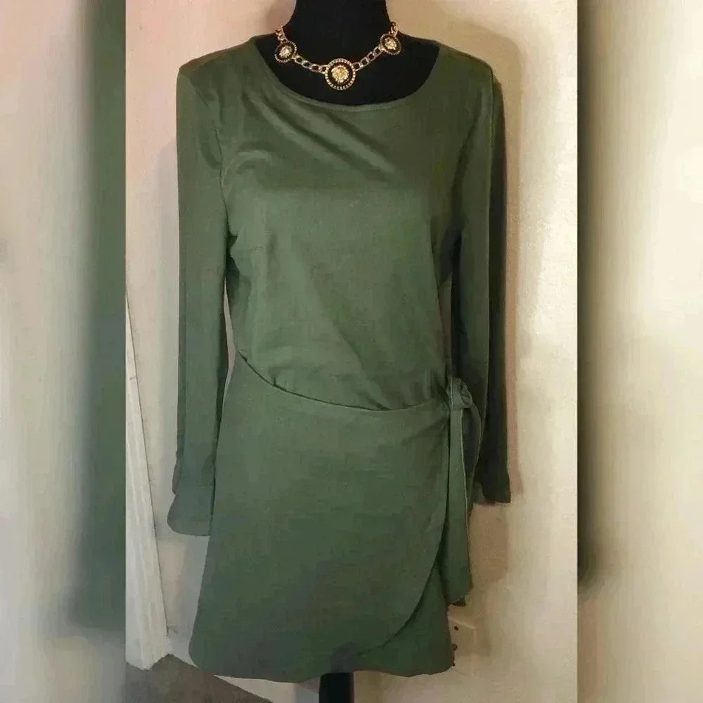 Green Ruffle Long Sleeve Wrap Tie Dress